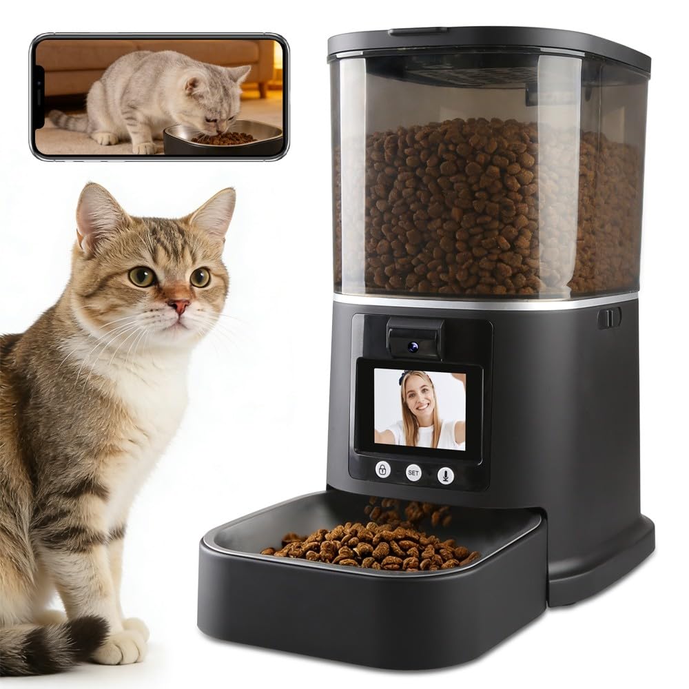 Automatic Cat Feeder with Camera Two-Way Video/Autio 5G WiFi, 5L | 3MP HD, Custom Voice, APP Control Automatic Dog Feeder with Night Vision, Cat Food Dispenser, Automatic Feeder Cat Dry Food