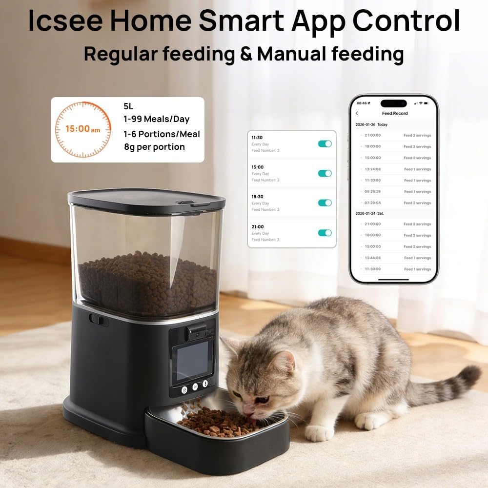 Automatic Cat Feeder with Camera Two-Way Video/Autio 5G WiFi, 5L | 3MP HD, Custom Voice, APP Control Automatic Dog Feeder with Night Vision, Cat Food Dispenser, Automatic Feeder Cat Dry Food