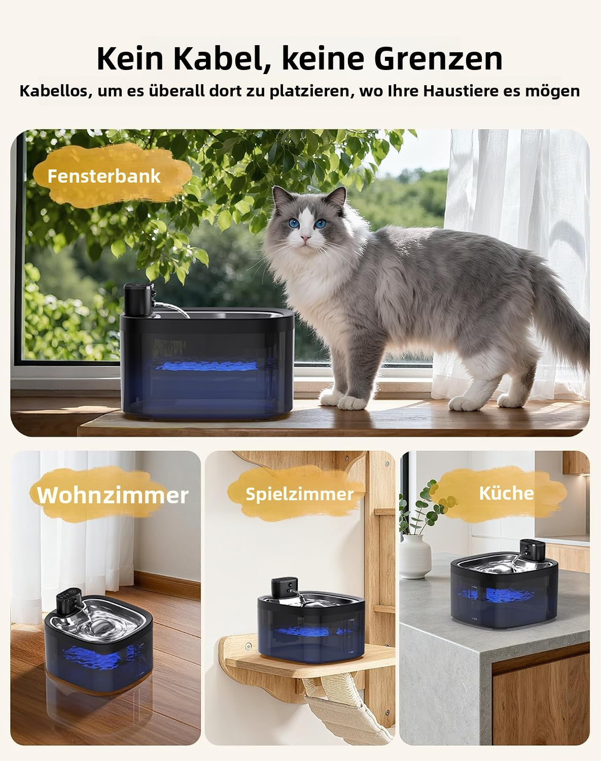 Katzenbrunnen 3,5 L mit Bewegungssensor – Automatische Haustiertränke mit Edelstahlwanne