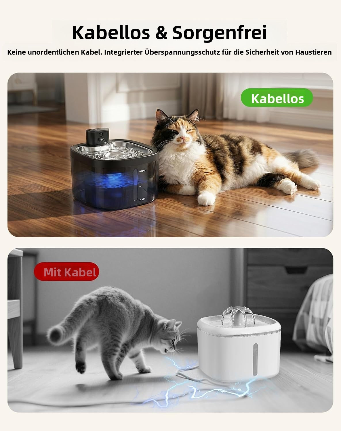 Katzenbrunnen 3,5 L mit Bewegungssensor – Automatische Haustiertränke mit Edelstahlwanne