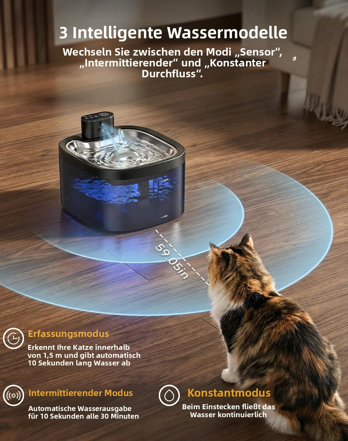 Katzenbrunnen 3,5 L mit Bewegungssensor – Automatische Haustiertränke mit Edelstahlwanne