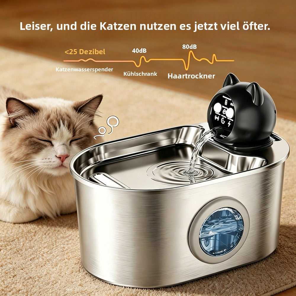 Kabelloser Katzenbrunnen 2,2 l mit Edelstahl-Trinkfläche