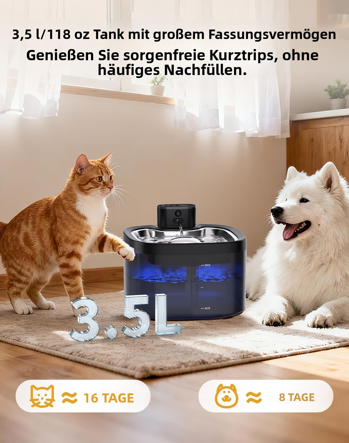 Katzenbrunnen 3,5 L mit Bewegungssensor – Automatische Haustiertränke mit Edelstahlwanne